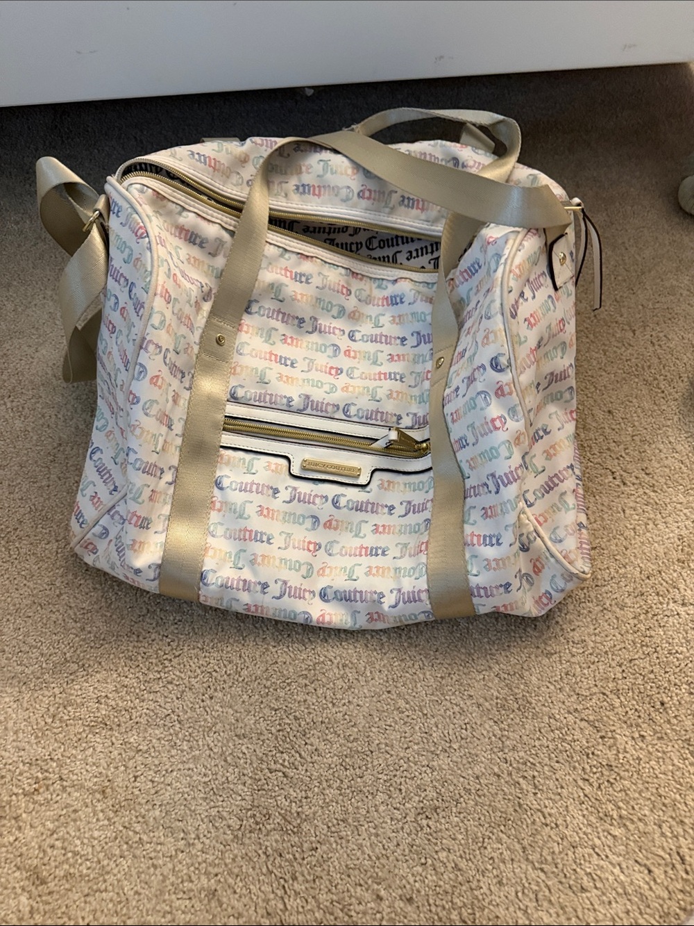 Juicy Couture Cream Multicolor Logo Travel Duffel